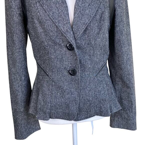 Bebe Sz XS Y2K Wool Silk Blend Tweed Blazer Fitted Feminine Leather Panels Sexy - Picture 4 of 16